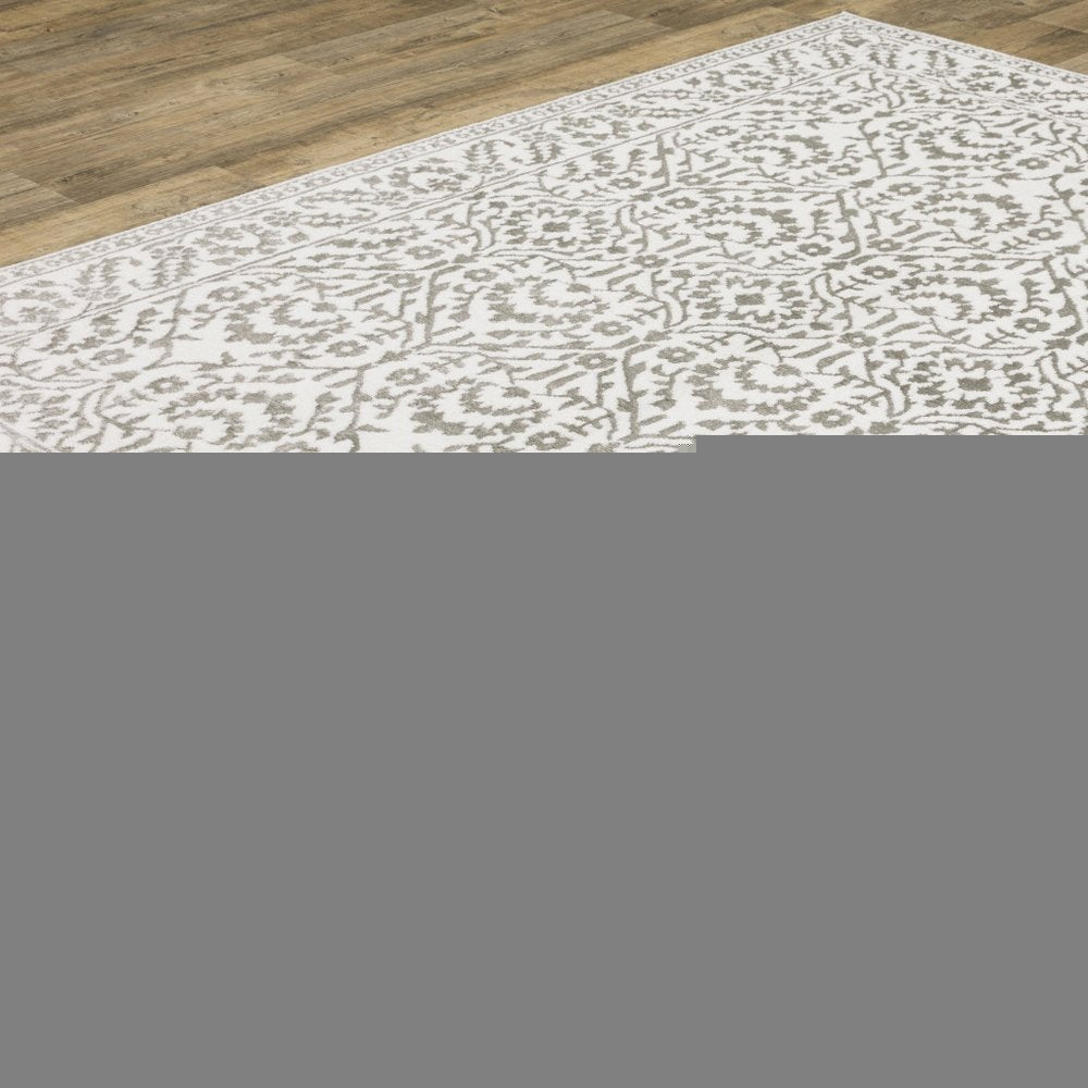 3' X 5' Grey And White Floral Power Loom Stain Resistant Area Rug