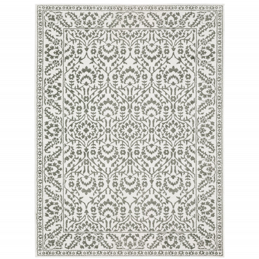 6' X 9' Grey And White Floral Power Loom Stain Resistant Area Rug