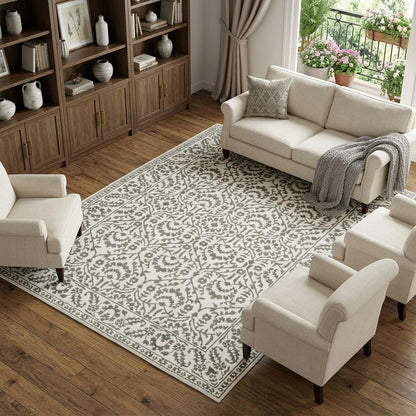 7' X 10' Gray And White Floral Distressed Area Rug