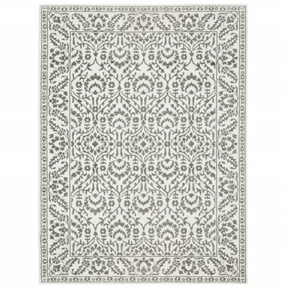 7' X 10' Gray And White Floral Distressed Area Rug