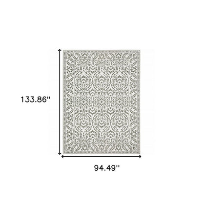 8' X 11' Gray And White Floral Distressed Area Rug
