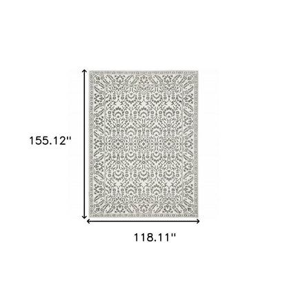 10' X 13' Grey And White Floral Power Loom Stain Resistant Area Rug
