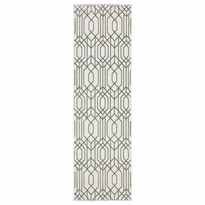 2' X 8' White And Grey Geometric Power Loom Stain Resistant Runner Rug