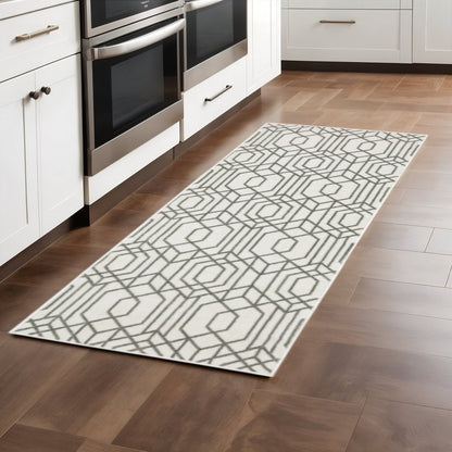 2' X 8' White And Grey Geometric Power Loom Stain Resistant Runner Rug