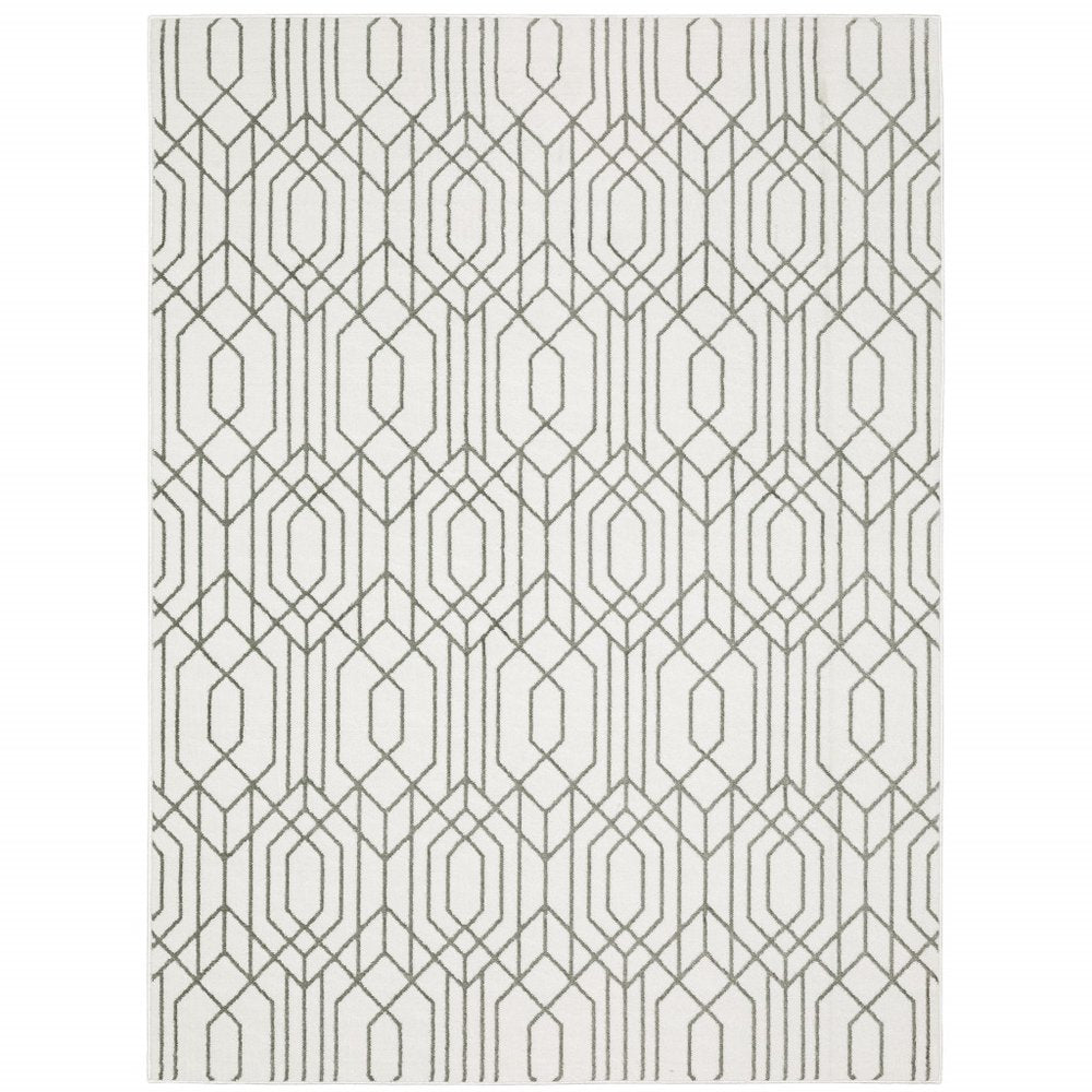 8' X 11' White And Grey Geometric Power Loom Stain Resistant Area Rug