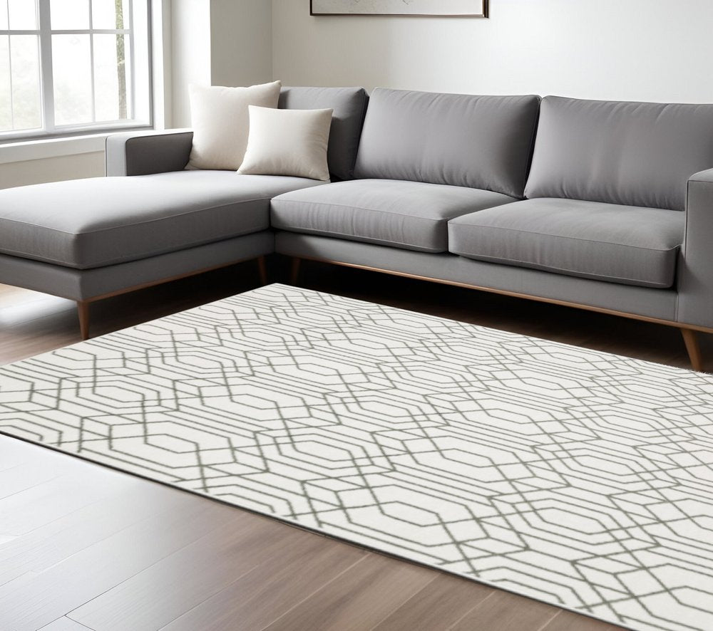 10' X 13' White And Grey Geometric Power Loom Stain Resistant Area Rug