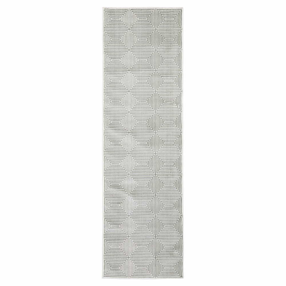 2' X 8' Grey And White Geometric Power Loom Stain Resistant Runner Rug