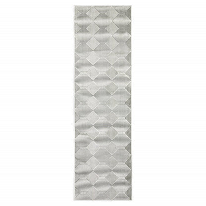 2' X 8' Grey And White Geometric Power Loom Stain Resistant Runner Rug