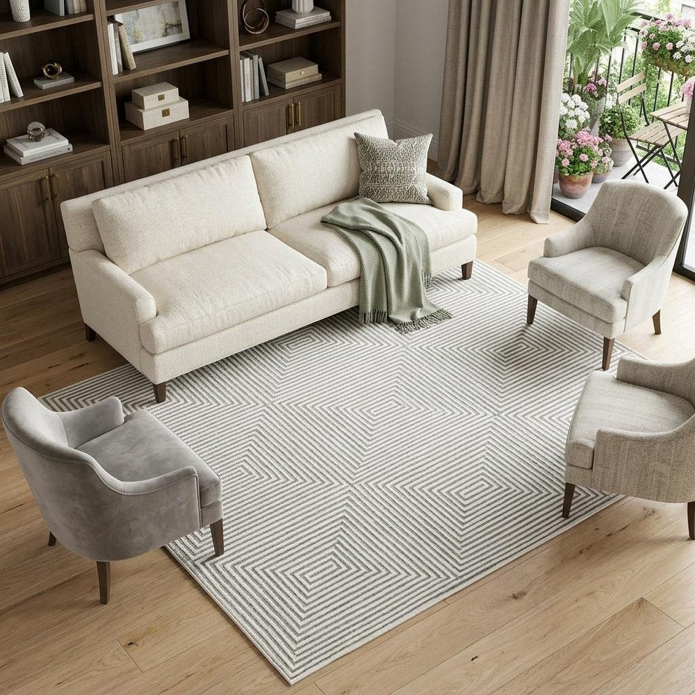 7' X 10' Gray And White Geometric Distressed Area Rug