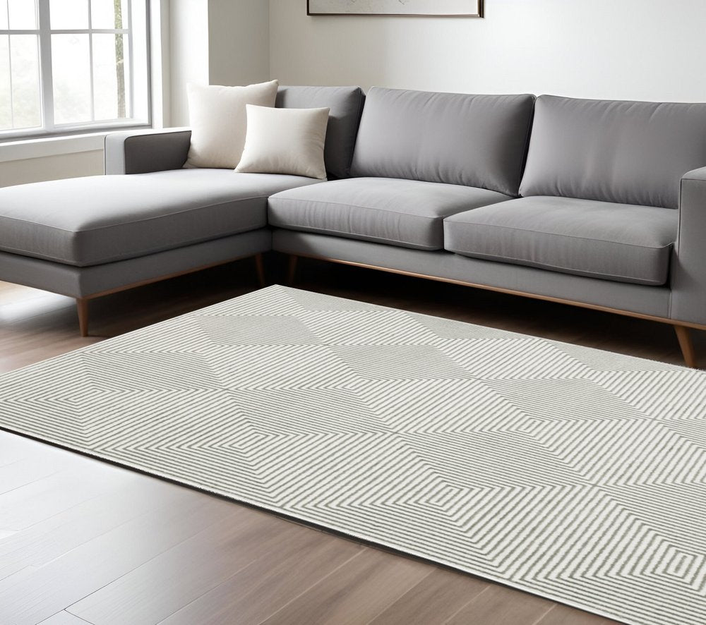 8' X 11' Gray And White Geometric Distressed Area Rug