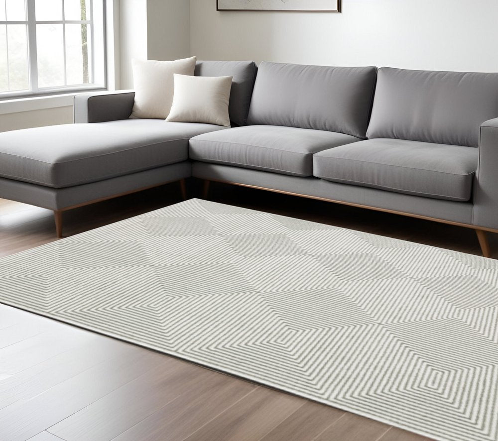 10' X 13' Grey And White Geometric Power Loom Stain Resistant Area Rug