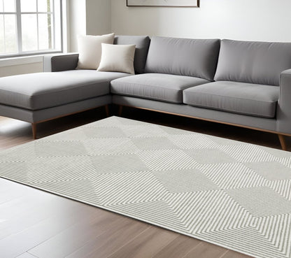 10' X 13' Grey And White Geometric Power Loom Stain Resistant Area Rug