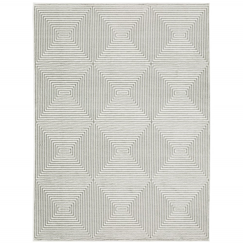 10' X 13' Grey And White Geometric Power Loom Stain Resistant Area Rug