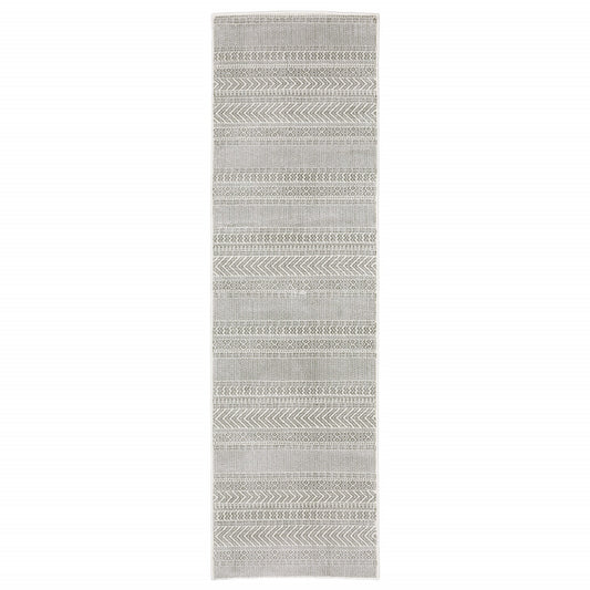 2' X 8' White And Grey Geometric Power Loom Stain Resistant Runner Rug