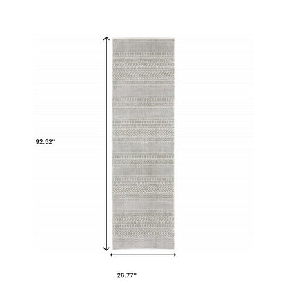 2' X 8' White And Grey Geometric Power Loom Stain Resistant Runner Rug