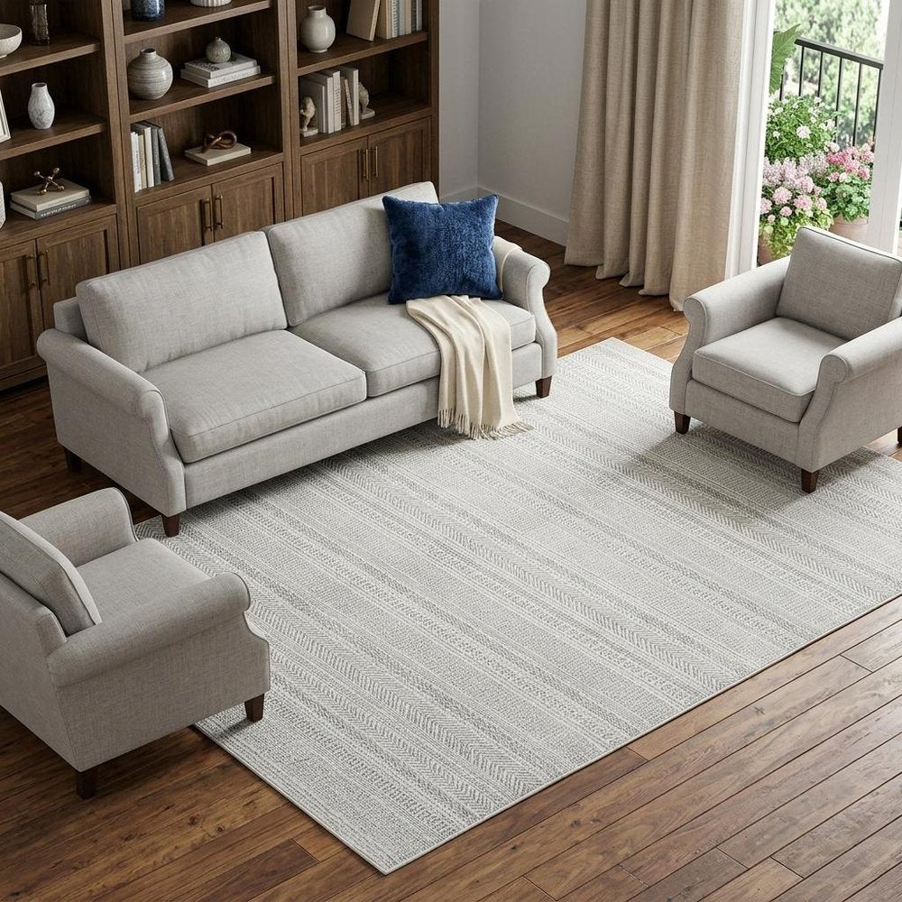 7' X 10' White And Gray Geometric Distressed Area Rug