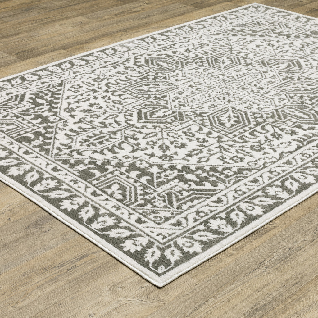 3' X 5' Grey And White Oriental Power Loom Stain Resistant Area Rug