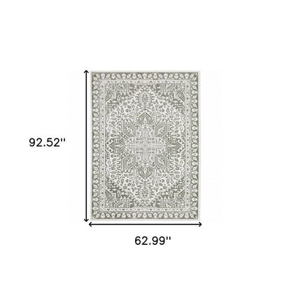 5' X 8' Grey And White Oriental Power Loom Stain Resistant Area Rug