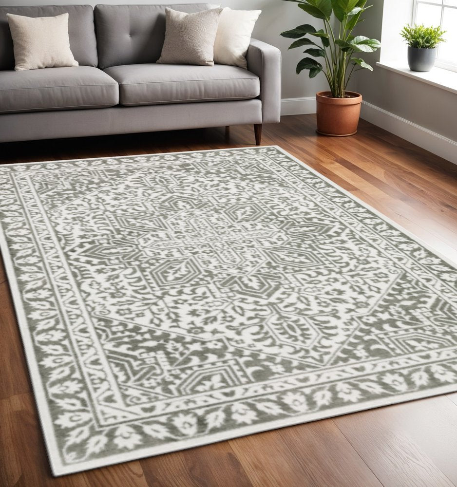5' X 8' Grey And White Oriental Power Loom Stain Resistant Area Rug