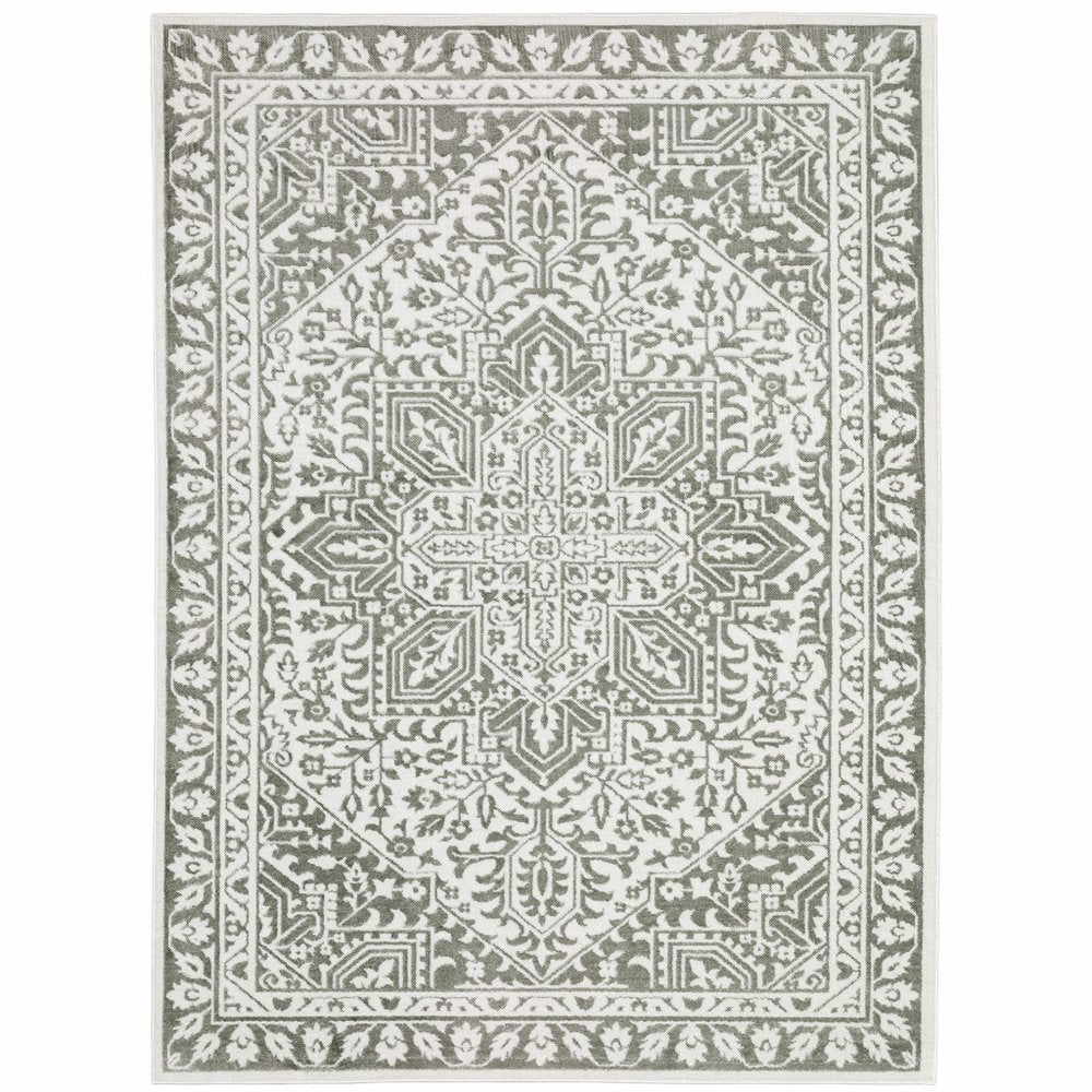5' X 8' Grey And White Oriental Power Loom Stain Resistant Area Rug