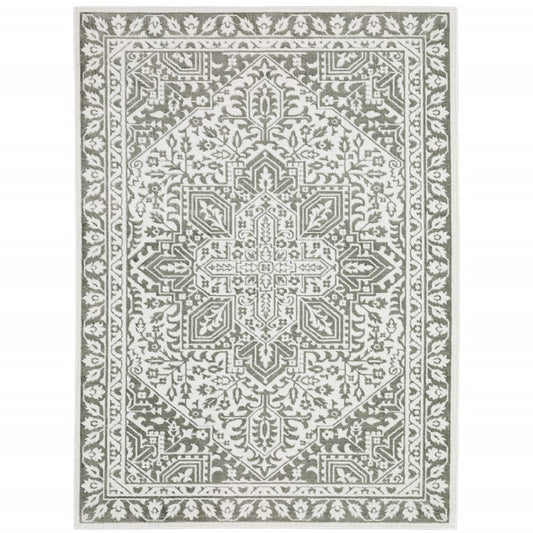 5' X 8' Grey And White Oriental Power Loom Stain Resistant Area Rug