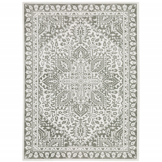 6' X 9' Grey And White Oriental Power Loom Stain Resistant Area Rug