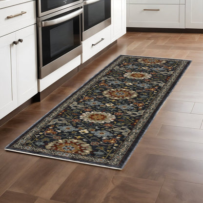 2' X 8' Blue And Ivory Oriental Power Loom Runner Rug With Fringe