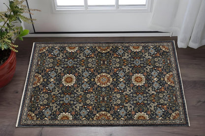 2' X 3' Blue Red Ivory And Gold Oriental Power Loom Stain Resistant Area Rug With Fringe