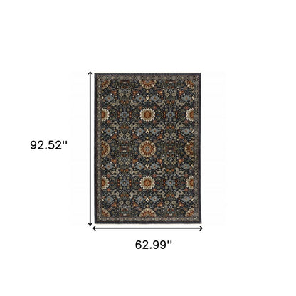 5' X 8' Blue Red Ivory And Gold Oriental Power Loom Stain Resistant Area Rug With Fringe