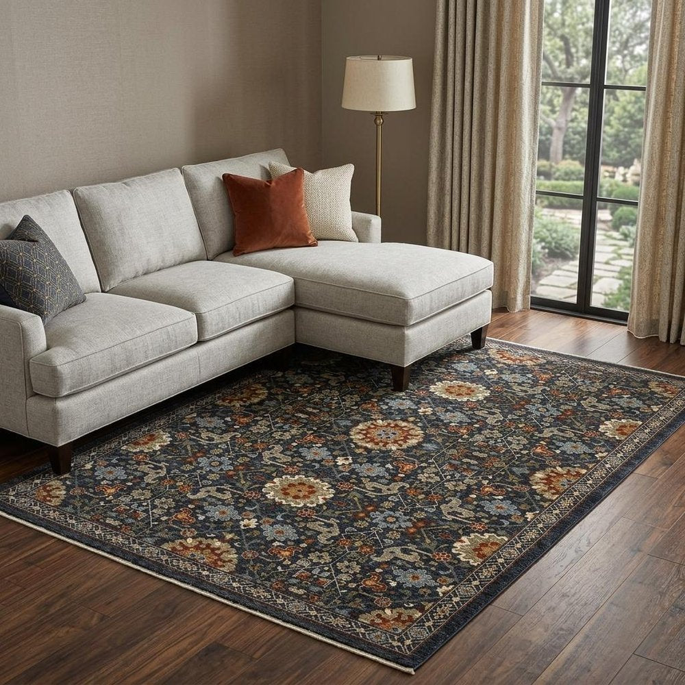 7' X 10' Blue Ivory And Red Oriental Area Rug With Fringe