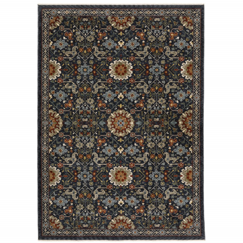 7' X 10' Blue Ivory And Red Oriental Area Rug With Fringe