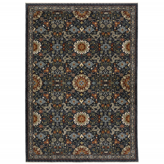 7' X 10' Blue Ivory And Red Oriental Area Rug With Fringe