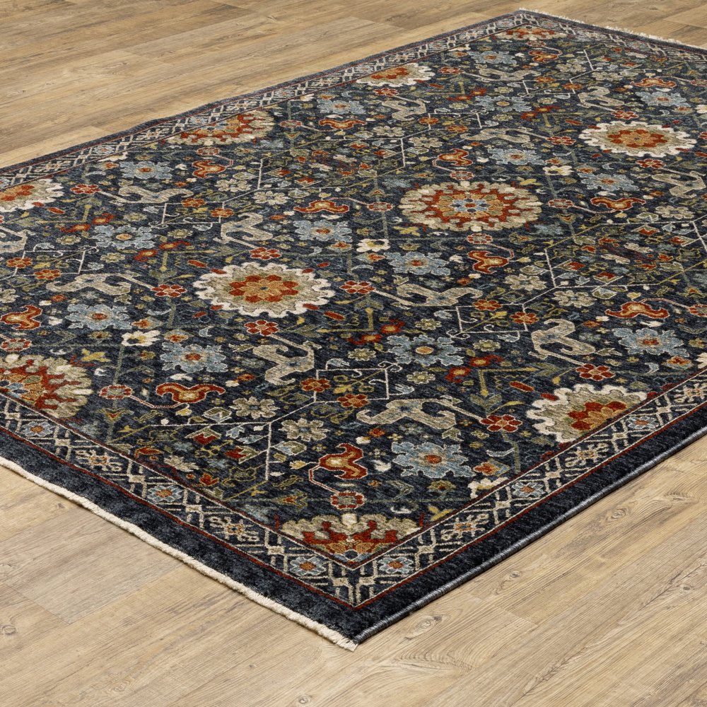 7' X 10' Blue Ivory And Red Oriental Area Rug With Fringe