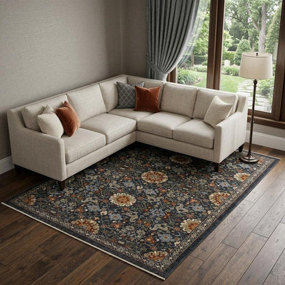 8' X 11' Blue Ivory And Red Oriental Area Rug With Fringe