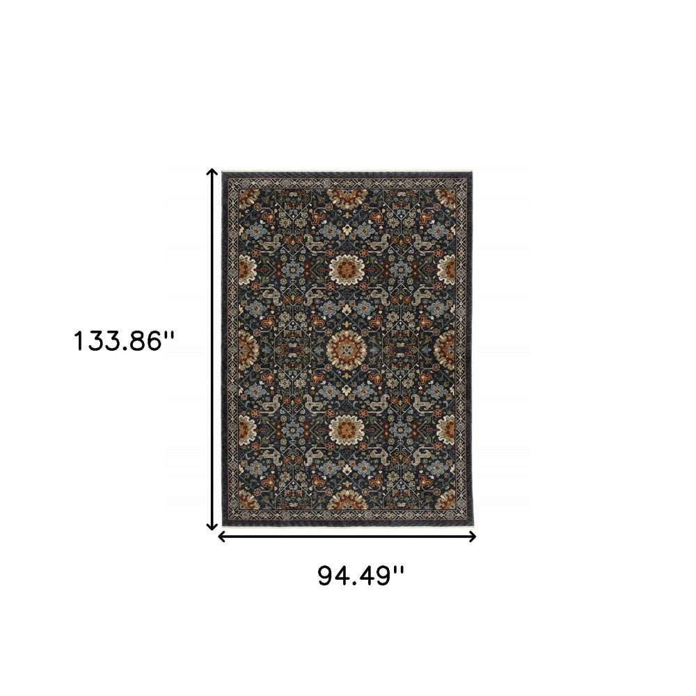 8' X 11' Blue Ivory And Red Oriental Area Rug With Fringe
