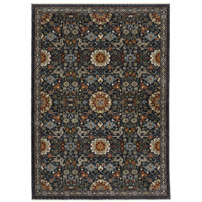 8' X 11' Blue Ivory And Red Oriental Area Rug With Fringe