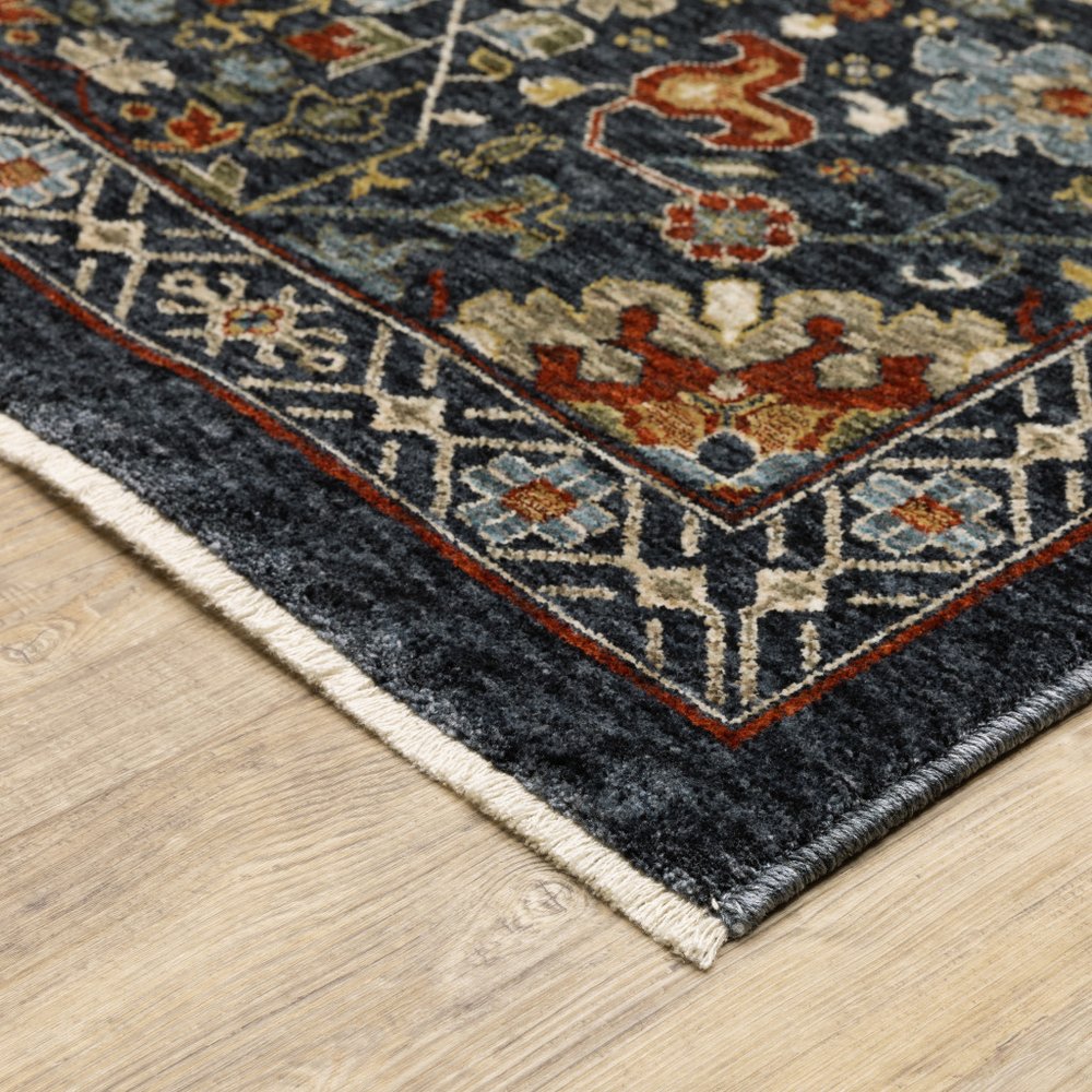 8' X 11' Blue Ivory And Red Oriental Area Rug With Fringe