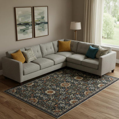 10' X 13' Blue Red Ivory And Gold Oriental Power Loom Stain Resistant Area Rug With Fringe