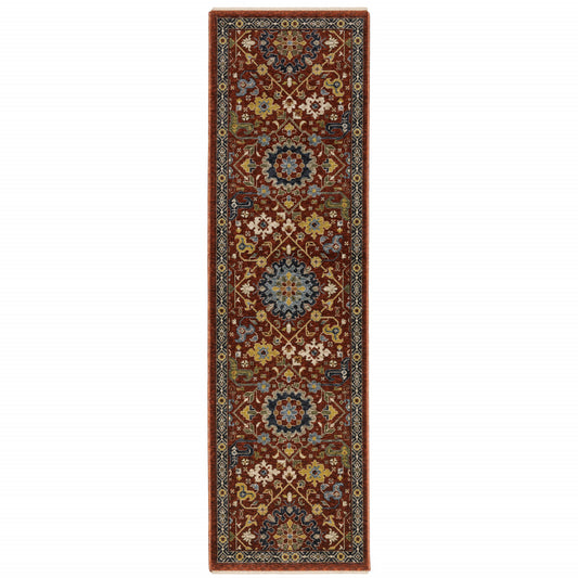 2' X 8' Red Blue Gold And Ivory Oriental Power Loom Stain Resistant Runner Rug With Fringe