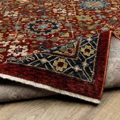 2' X 8' Red Blue Gold And Ivory Oriental Power Loom Stain Resistant Runner Rug With Fringe
