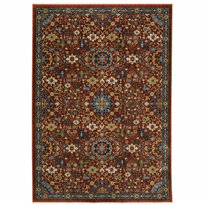 3' X 5' Red Blue Gold And Ivory Oriental Power Loom Stain Resistant Area Rug With Fringe