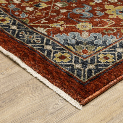 3' X 5' Red Blue Gold And Ivory Oriental Power Loom Stain Resistant Area Rug With Fringe