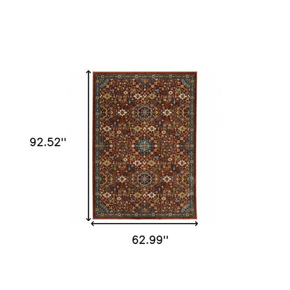 5' X 8' Red Blue Gold And Ivory Oriental Power Loom Stain Resistant Area Rug With Fringe