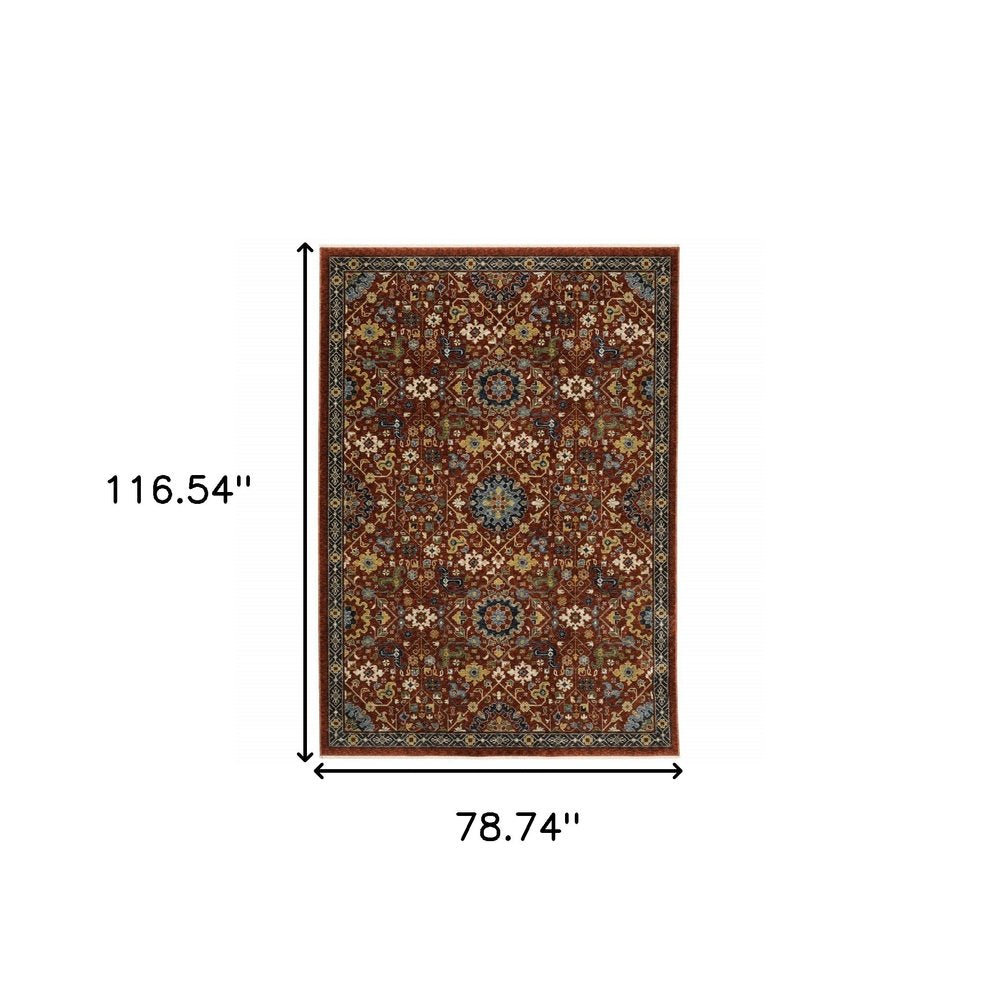 7' X 10' Red Yellow And Black Oriental Area Rug With Fringe