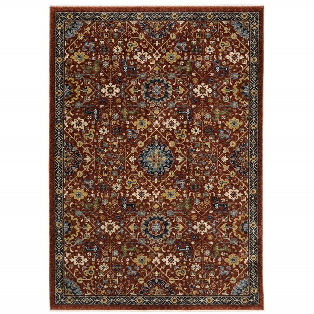 7' X 10' Red Yellow And Black Oriental Area Rug With Fringe