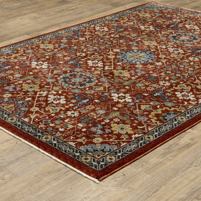 7' X 10' Red Yellow And Black Oriental Area Rug With Fringe