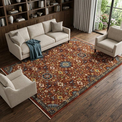 8' X 11' Red Yellow And Black Oriental Area Rug With Fringe