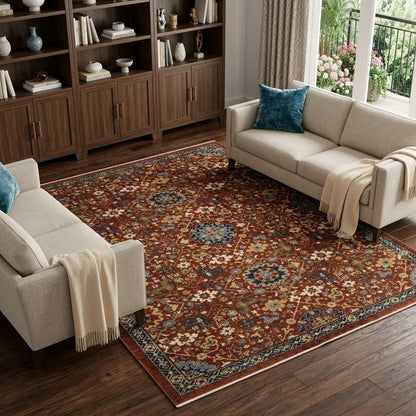 8' X 11' Red Yellow And Black Oriental Area Rug With Fringe