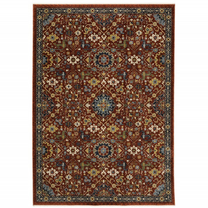 8' X 11' Red Yellow And Black Oriental Area Rug With Fringe