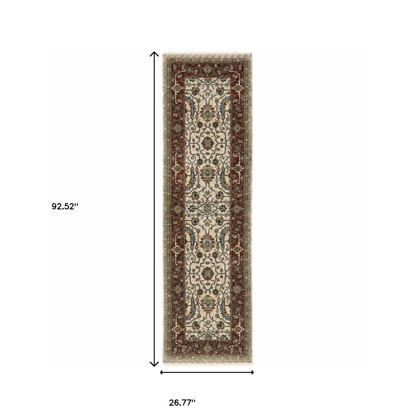 2' X 8' Ivory Red Green Grey Blue And Navy Oriental Power Loom Stain Resistant Runner Rug With Fringe